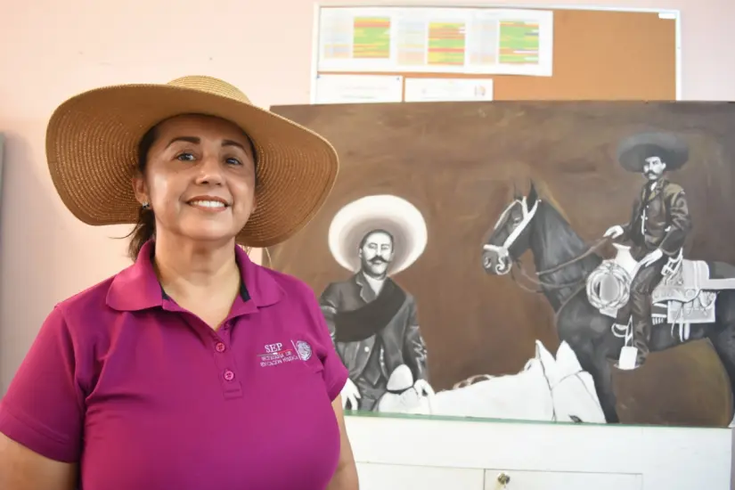 imagen recuadro Esta pintura alusiva a Emiliano Zapata, es de la joven Ángel Ariadna, quien egresó hace 2 años, pero la dejó en la Secundaria Técnica No.90 de Santa Fe.
