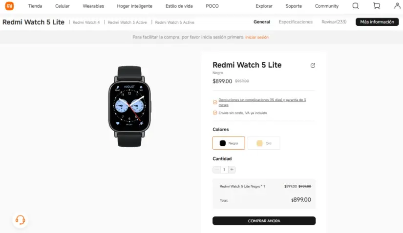 Xiaomi Redmi Watch 5 Lite: smartwatch con pantalla AMOLED y batería que dura hasta 18 días El Redmi Watch 5 Lite se encuentra a menos de $900 pesos en la tienda en línea de Xiaomi. Imagen: mi.com.mx