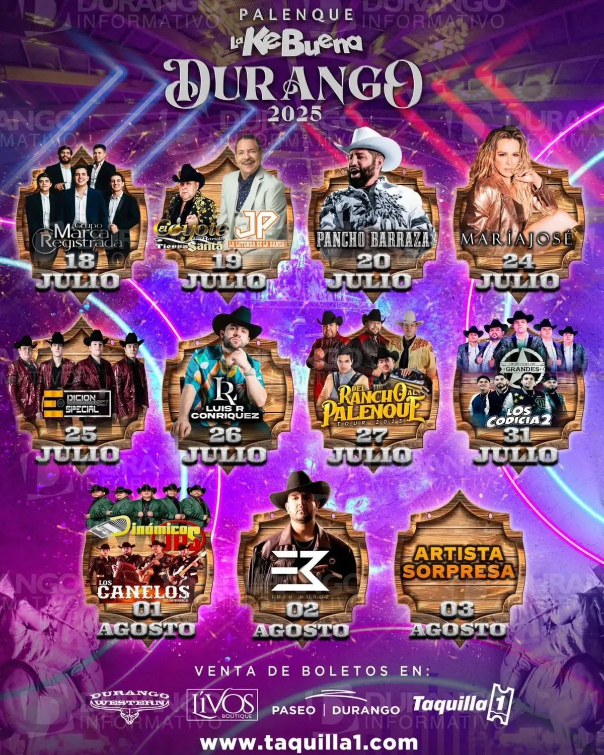 Artistas que se estarán presentando en el palenque de Durango. Foto: Cortesía.