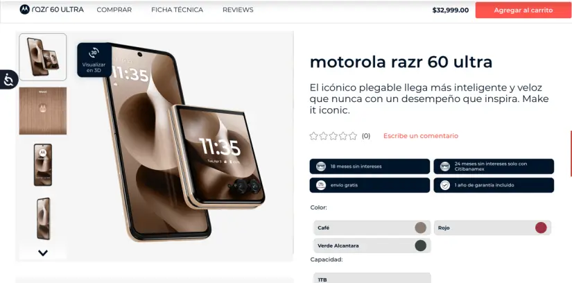 Consigue el nuevo Motorola Razr 60 Ultra, en la Tienda en línea de Motorola. Foto: captura de pantalla Consigue el nuevo Motorola Razr 60 Ultra, en la Tienda en línea de Motorola. Foto: captura de pantalla.