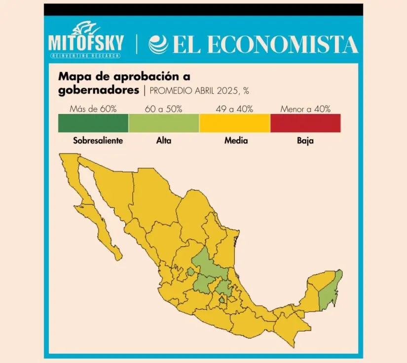 Mapa de aprobación a gobernadores. Foto: El Economista Mapa de aprobación a gobernadores. Foto: El Economista