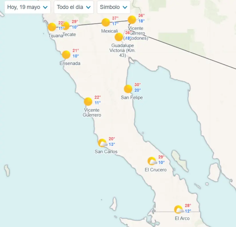 Clima en Baja California hoy jueves 15 de mayo Temperaturas mínimas y máximas en los municipios de Baja California. Imagen: Meteored
