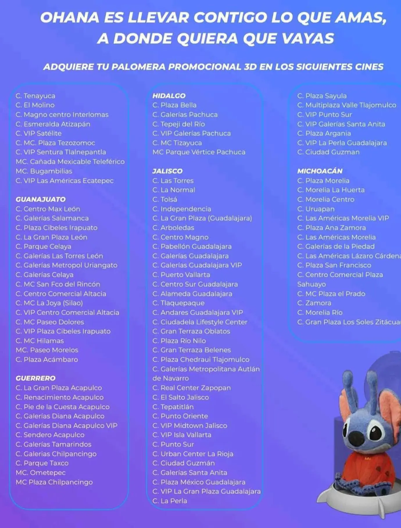 Sucursales deCinépolis donde estarán disponibles la palomera y vasos de Lilo y Stitch. Sucursales deCinépolis donde estarán disponibles la palomera y vasos de Lilo y Stitch. Foto: Cortesía