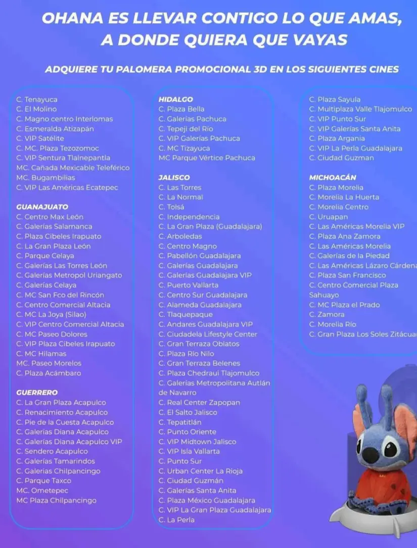 Sucursales deCinépolis donde estarán disponibles la palomera y vasos de Lilo y Stitch. Sucursales deCinépolis donde estarán disponibles la palomera y vasos de Lilo y Stitch. Foto: Cortesía