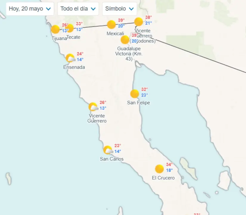 Clima en Baja California hoy martes 20 de mayo 2025 Temperaturas mínimas y máximas en los municipios de Baja California hoy. Imagen: Meteored