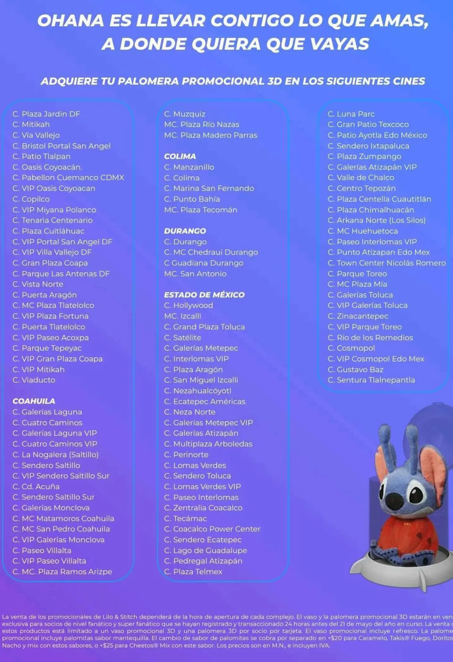 Cinépólis donde estará disponible la palomera y vasos de Lilo y Stitch Cinépólis donde estará disponible la palomera y vasos de Lilo y Stitch. Foto: Cortesía