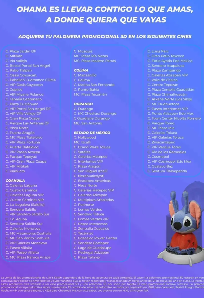 Cinépólis donde estará disponible la palomera y vasos de Lilo y Stitch Cinépólis donde estará disponible la palomera y vasos de Lilo y Stitch. Foto: Cortesía