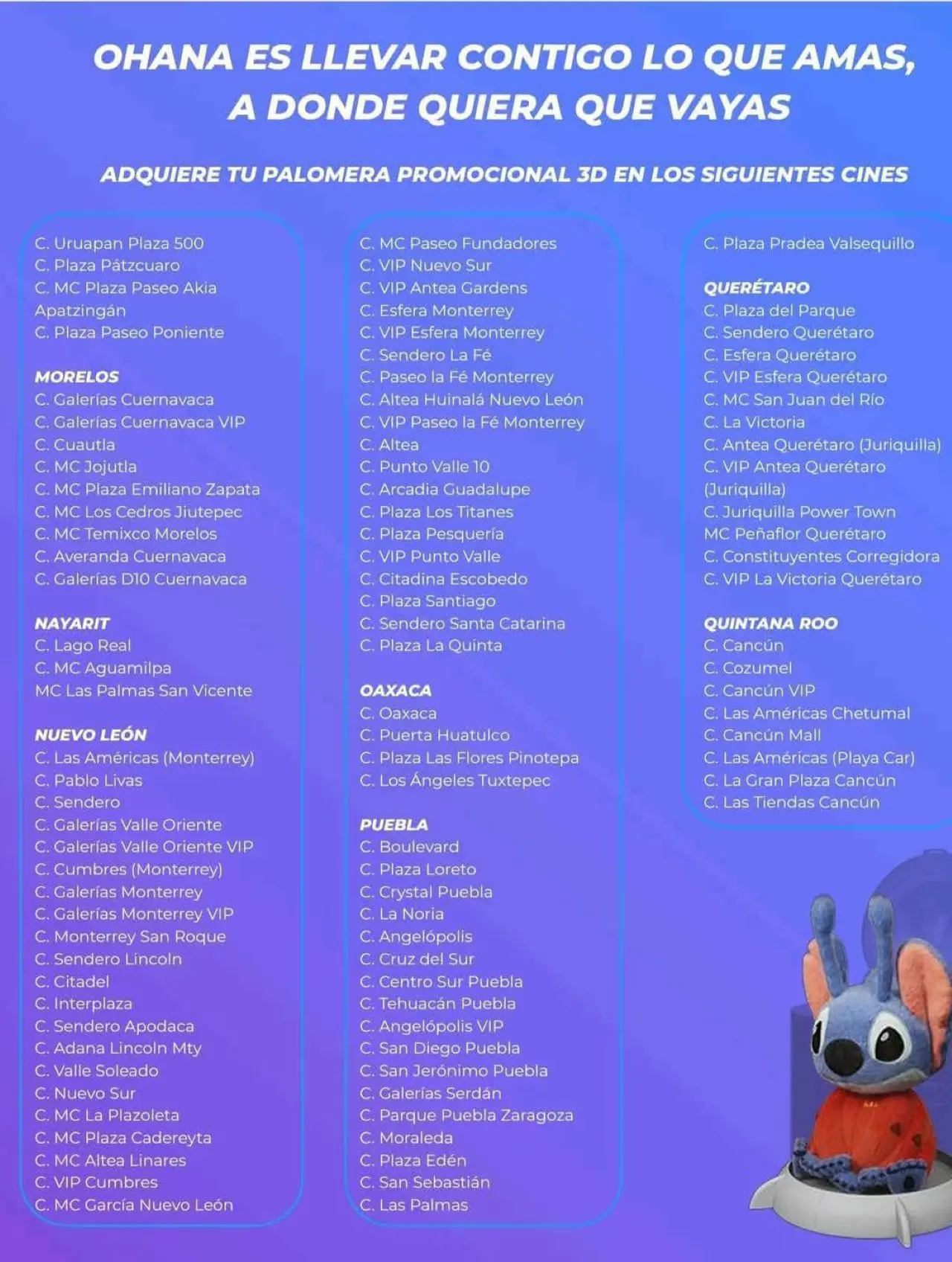 Cinépolis donde venderán la palomera y vasos de Lilo y Stitch.