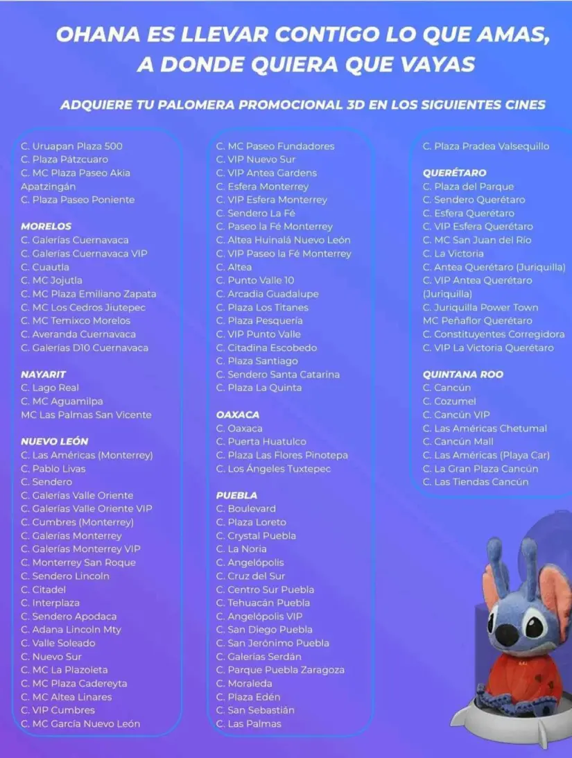 Cinépolis donde venderán la palomera y vasos de Lilo y Stitch.