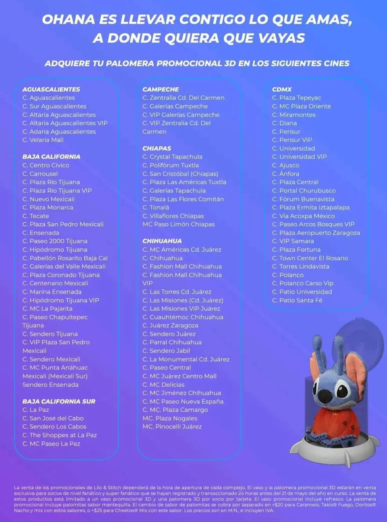 Cinépólis donde habrá palomera y vasos de Lilo y Stitch Cinépólis donde habrá palomera y vasos de Lilo y Stitch. Foto: Cortesía