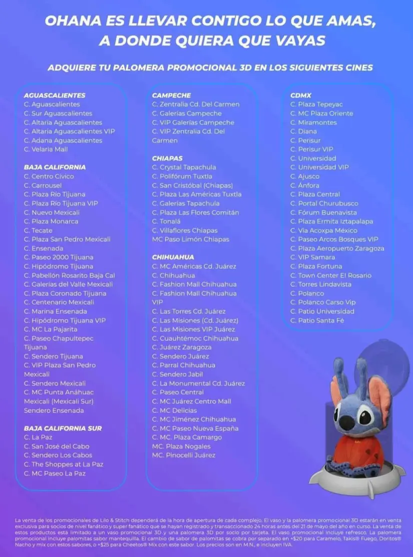 Cinépólis donde habrá palomera y vasos de Lilo y Stitch Cinépólis donde habrá palomera y vasos de Lilo y Stitch. Foto: Cortesía