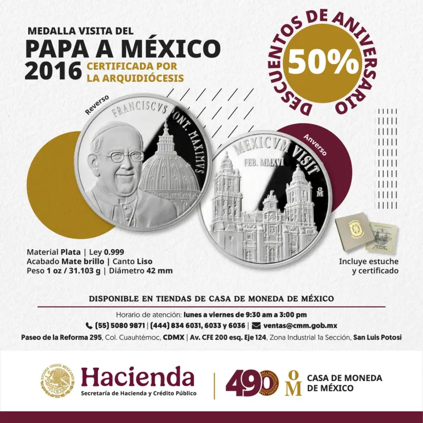 Medalla de la visita del Papa Francisco a México. Foto: Facebook Casa de Moneda de México 