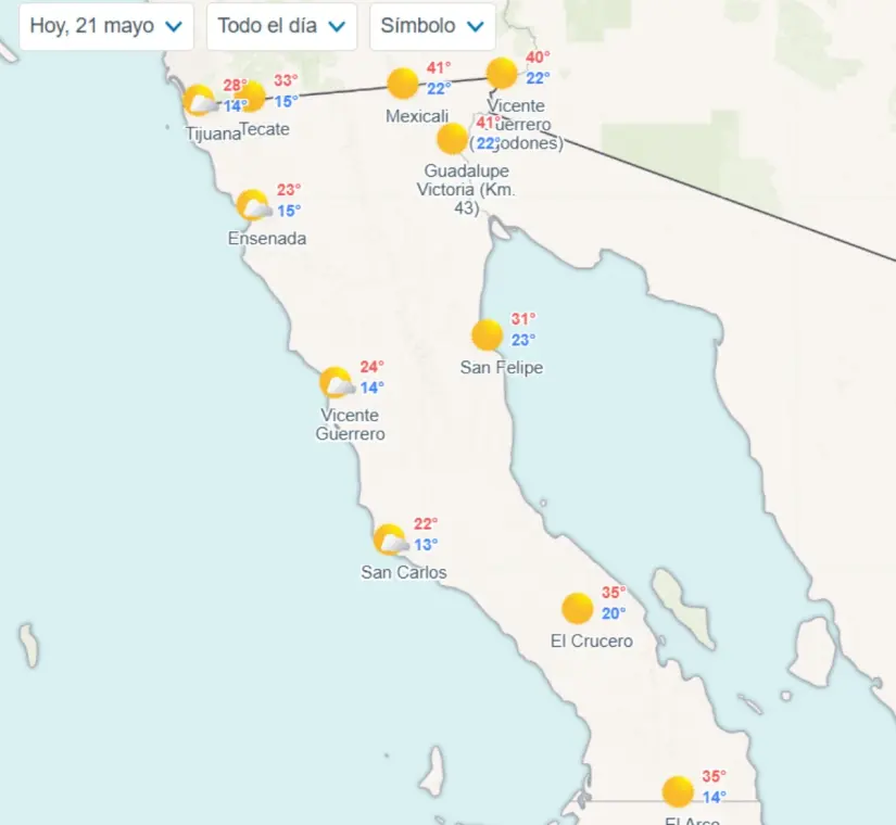 Clima en Baja California: sigue el calor con temperaturas de hasta 45 grados hoy 21 de mayo Así es el pronóstico de temperaturas para Baja California hoy. Imagen: Meteored