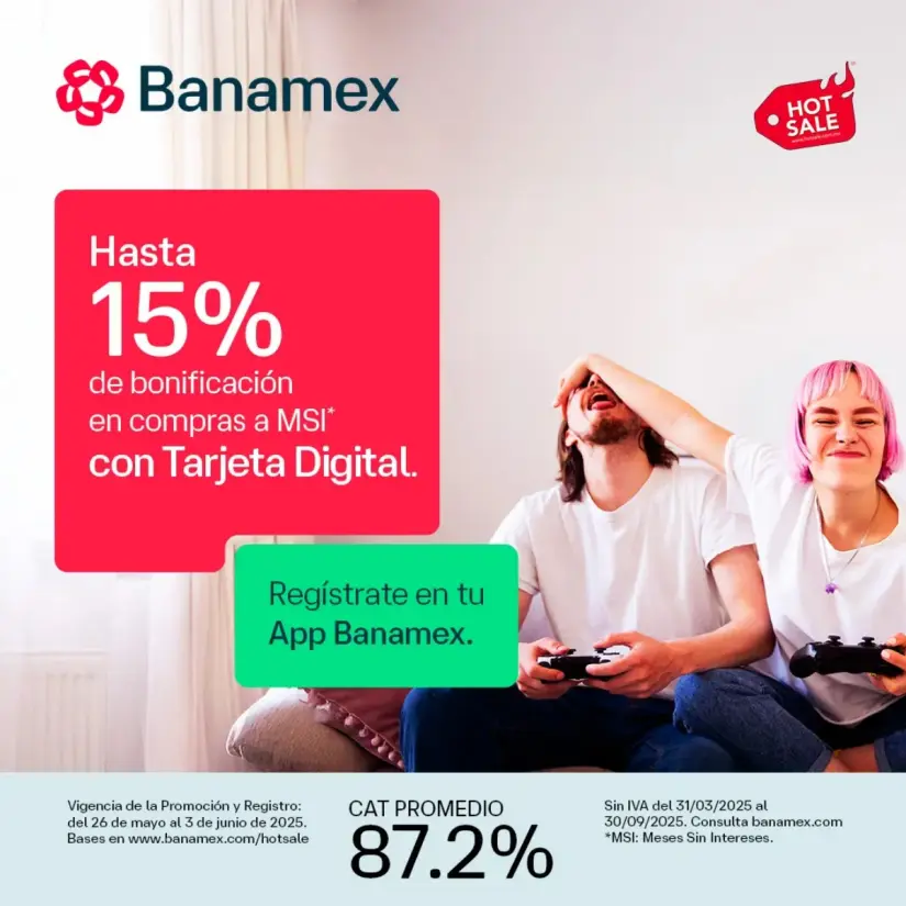 Promociones de Banamex para el Hot Sale 2025 Banamex consiente a sus usuarios con promociones durante el Hot Sale. Imagen: Cortesía