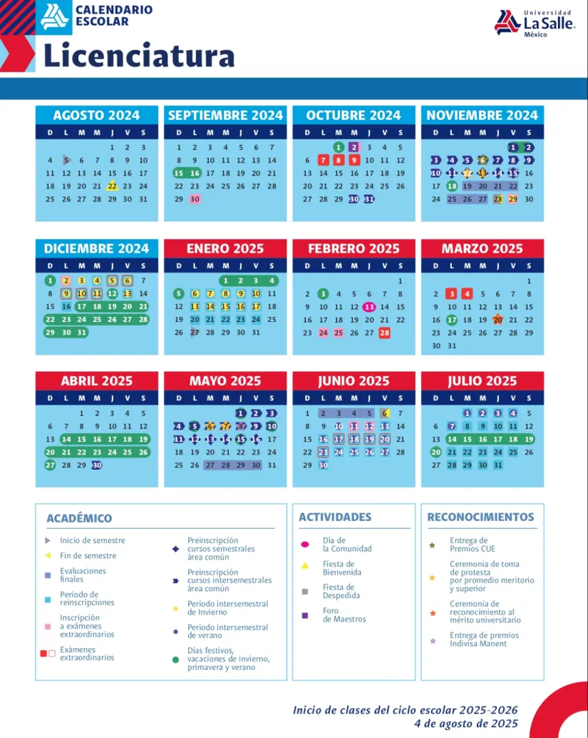 Calendario oficial 2024-2025 de la Universidad La Salle. Foto: cortesía.