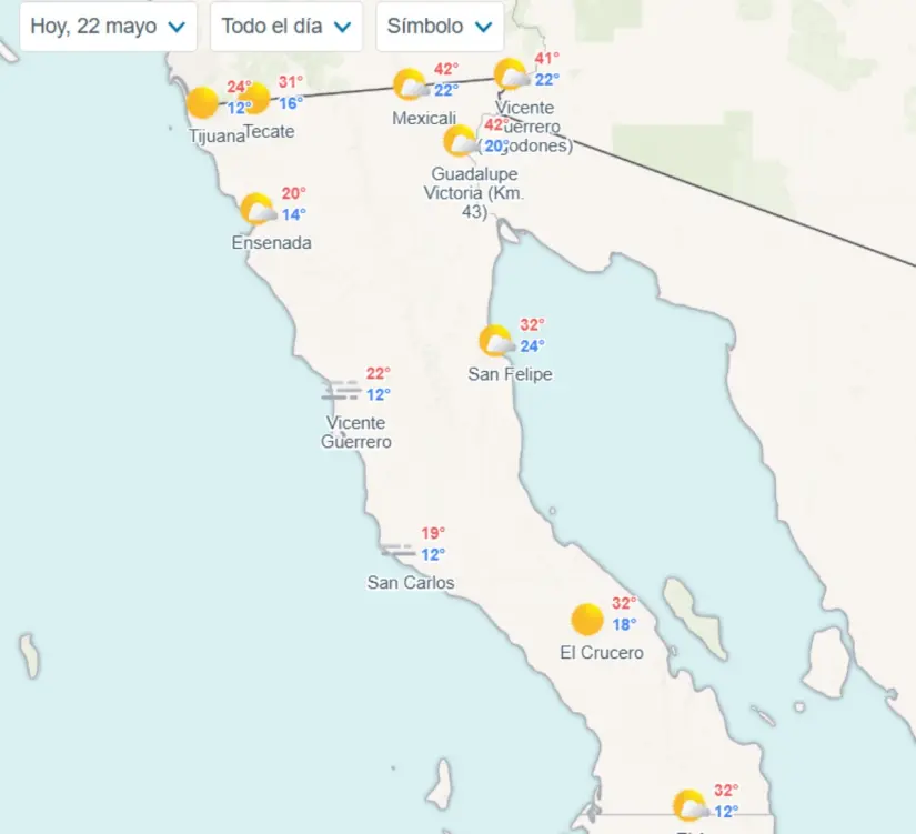 Clima en Baja California hoy 22 de mayo 2025 Temperaturas estimadas en los municipios de Baja California hoy. Imagen: Meteored