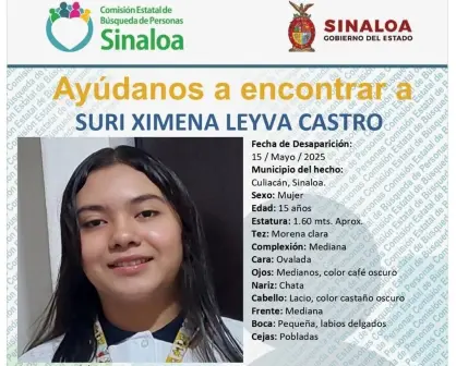 Suri Ximena, tiene 15 años y desapareció en Culiacán, su familia pide su apoyo para localizarla