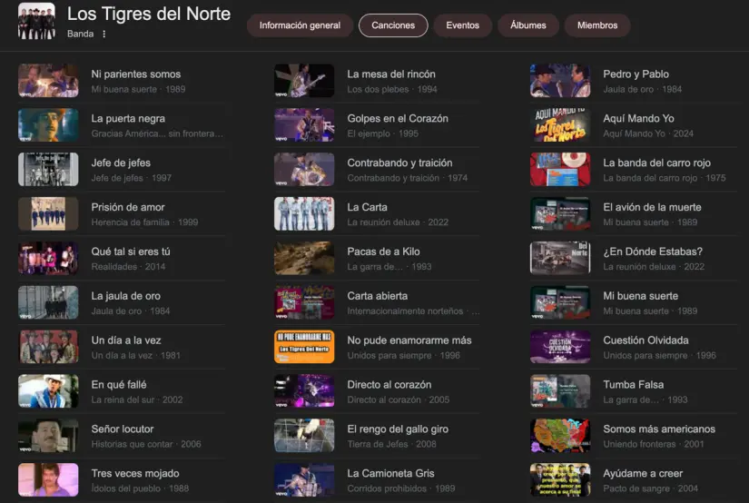 Canciones de Los Tigres del Norte. Foto: captura de pantalla Canciones de Los Tigres del Norte. Foto: captura de pantalla.