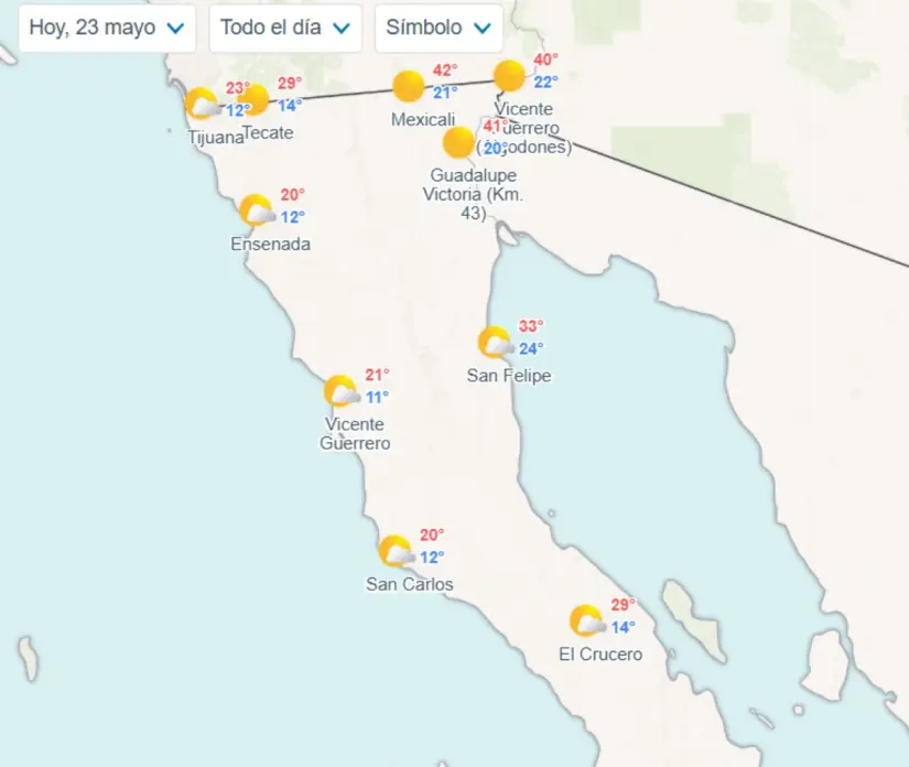 Clima en Baja California hoy viernes 23 de mayo Temperaturas mínimas y máximas en los municipios de Baja California hoy. Imagen: Meteored
