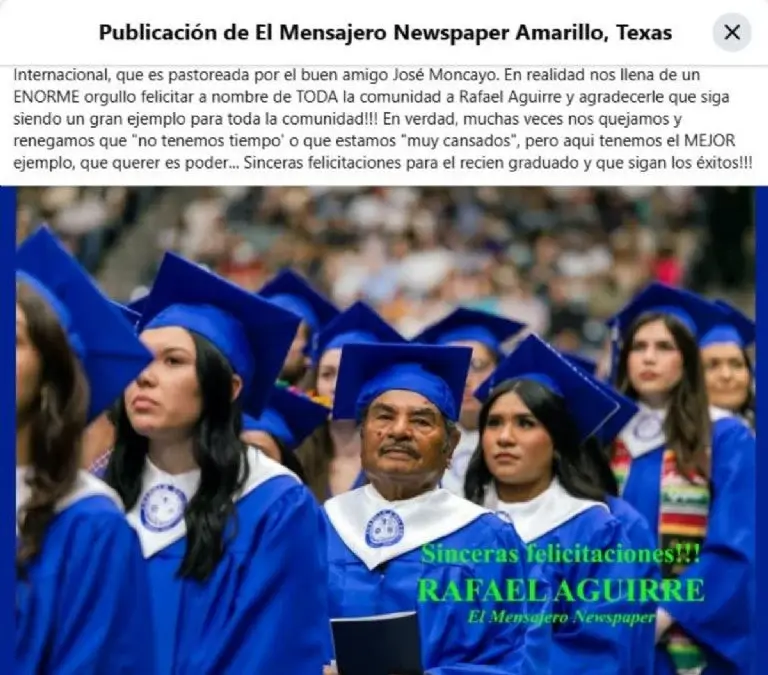 Rafael Aguirre, un migrante mexicano de 82 años, se gradúa en Texas Publicación del periódico local de Amarillo. Foto: Captura de pantalla