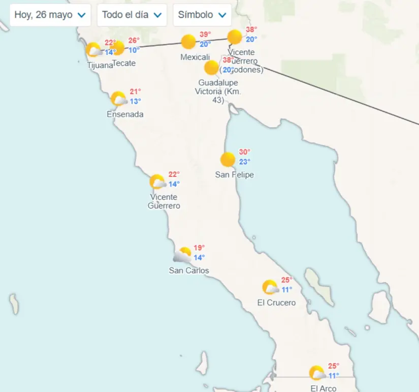 Temperaturas estimadas para los municipios de Baja California. Imagen: Meteored