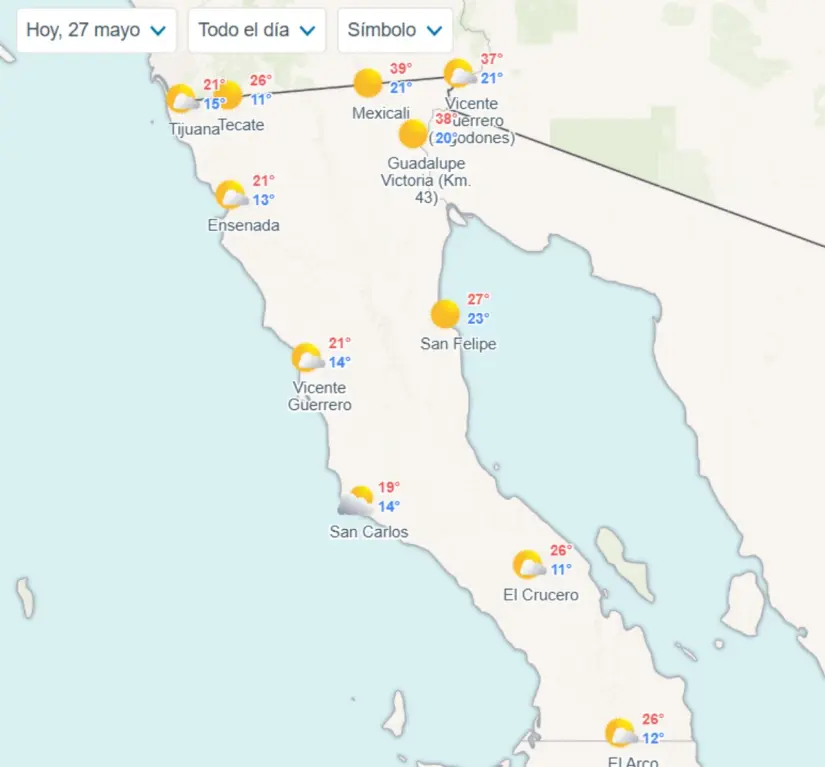 Clima en Baja California: siguen las rachas de viento y altas temperaturas hoy 27 de mayo Temperaturas estimadas por municipios en Baja California hoy. Imagen: Meteored