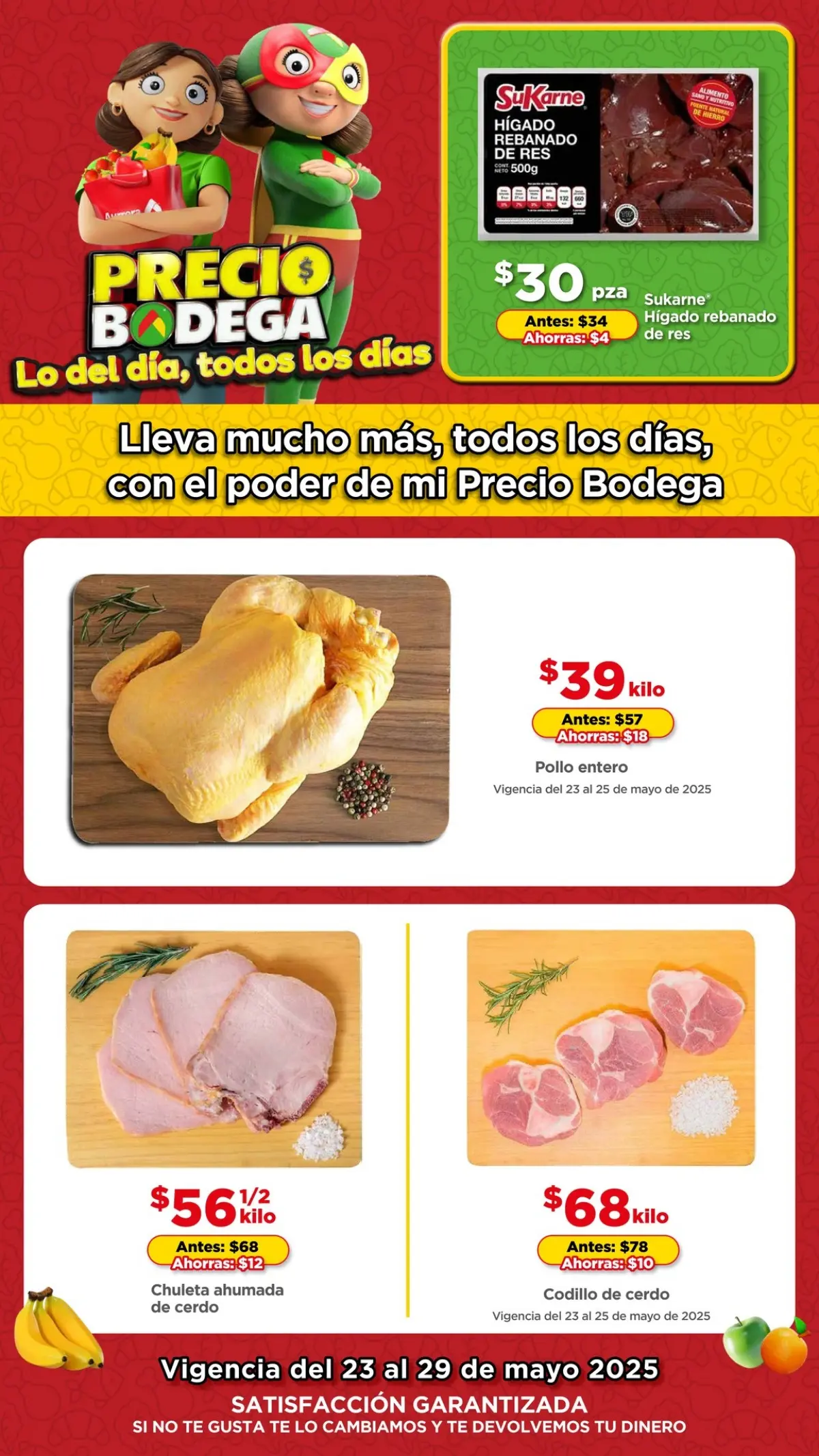 Tianguis de Mamá Lucha Bodega Aurrera: ofertas en frutas y verduras al 29 de mayo Tampoco faltan los descuentos en carnes como pollo y cerdo. Imagen: Bodega Aurrera