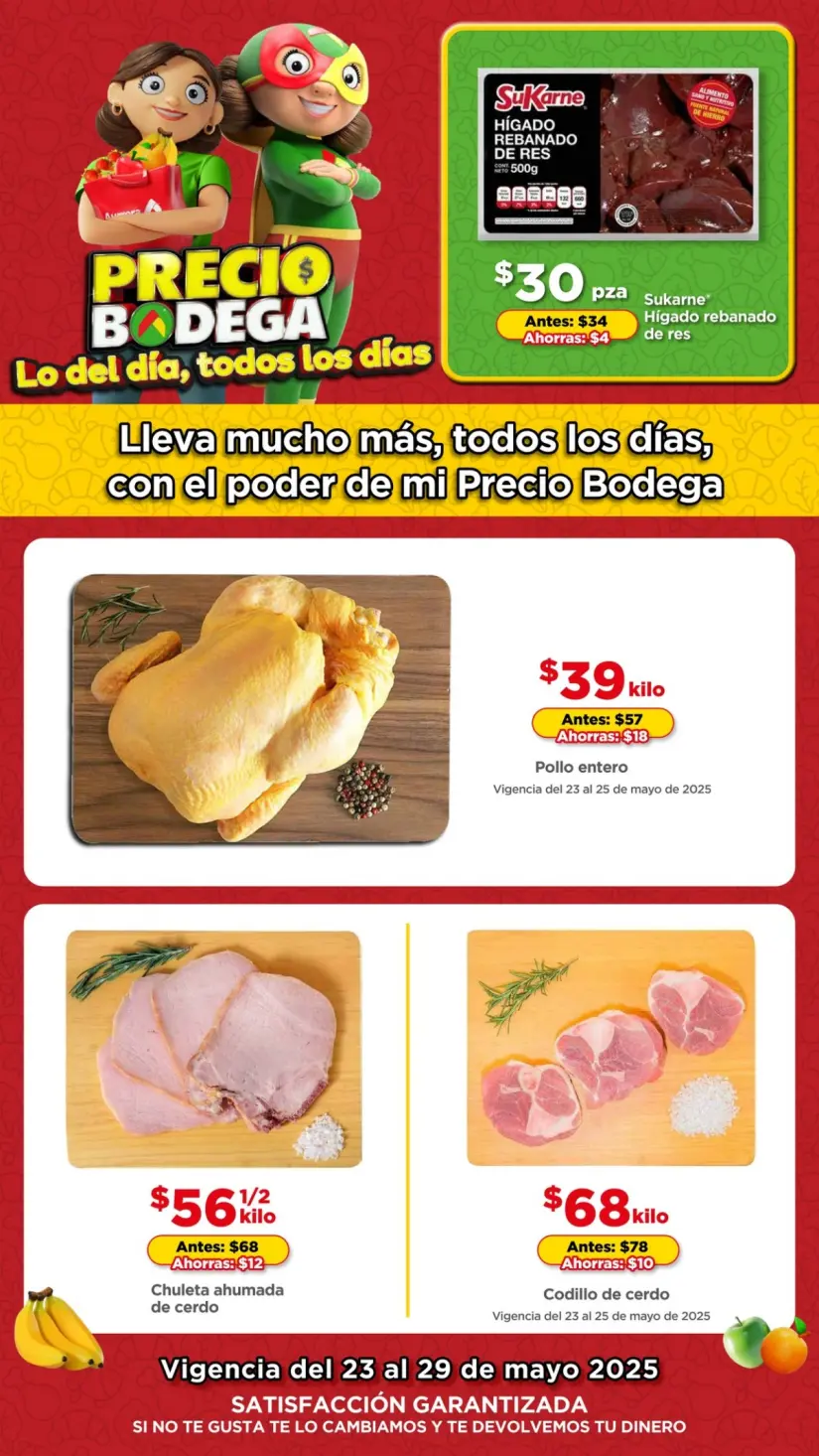Tianguis de Mamá Lucha Bodega Aurrera: ofertas en frutas y verduras al 29 de mayo Tampoco faltan los descuentos en carnes como pollo y cerdo. Imagen: Bodega Aurrera