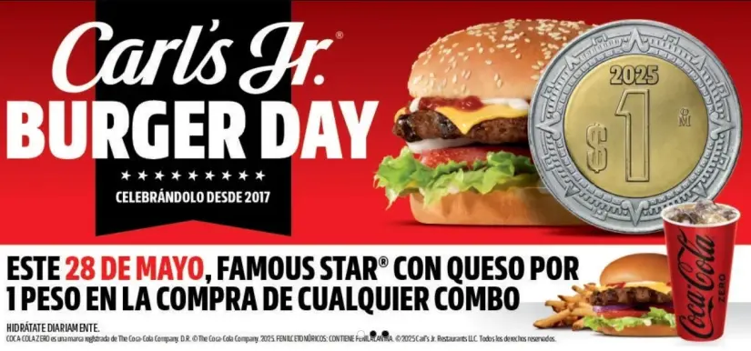 Carls Jr hamburguesa con queso a 1 peso. Carl's Jr. hamburguesa con queso a 1 peso. Foto: Cortesía