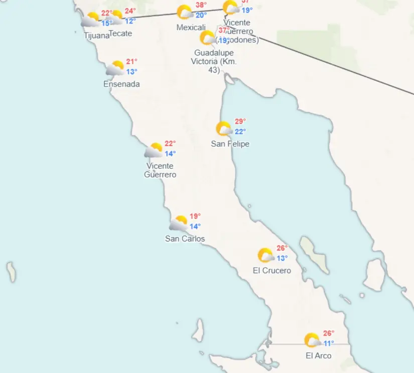 Temperaturas mínimas y máximas en los municipios de Baja California hoy. Imagen: Meteored