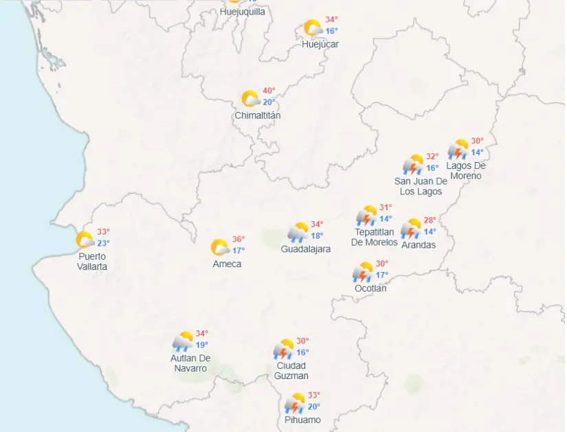 Temperaturas en las regiones de Jalisco. Foto: Meteored. Temperaturas en las regiones de Jalisco. Foto: Meteored.