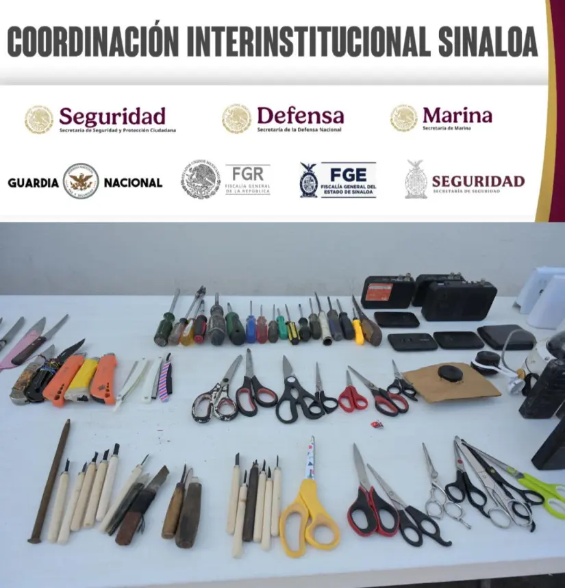 Objetos prohibidos asegurados en la segunda revisión en el penal de Aguaruto. Foto: Seguridad Pública Sinaloa Objetos prohibidos asegurados en la segunda revisión en el penal de Aguaruto. Foto: Seguridad Pública Sinaloa