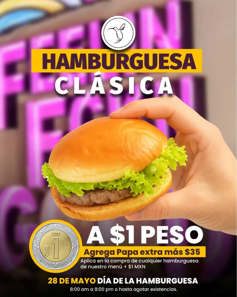 Hamburguesa a 1 peso en Crepas Colibrí, por el Día de la Hamburguesa Hamburguesa a 1 peso en Crepas Colibrí, por el Día de la Hamburguesa. Foto: Cortesía
