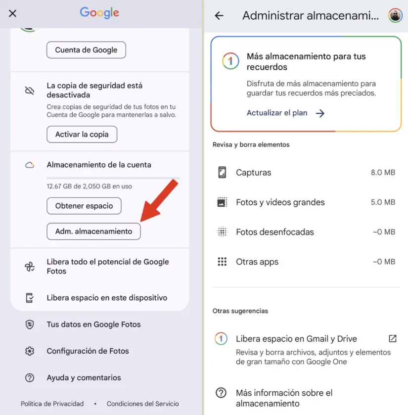 Pasos para eliminar almacenamiento en Google Fotos. Foto: cortesía.