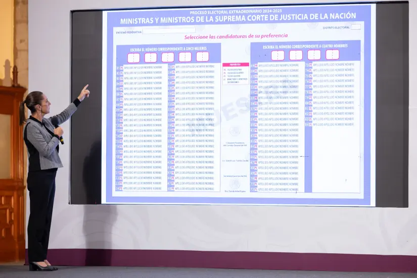 Presidenta Sheinbaum presenta boletas para elección judicial y explica cómo votar el 1ero de junio Durante su conferencia, la presidenta detalló cómo usar las boletas. Foto: Gob. de México