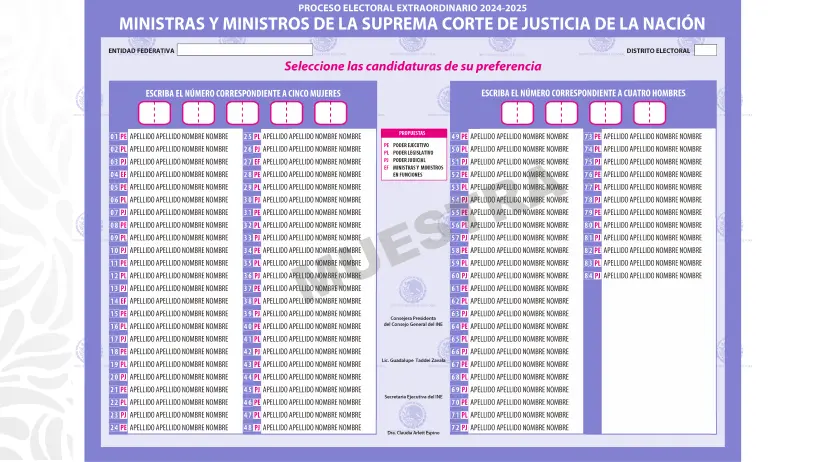 Guía para votar en la Elección Judicial 2025 Ejemplo de boleta. Foto: Gob. de México