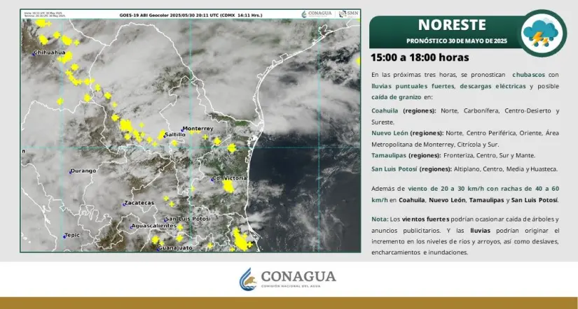 Esta tarde se pronostican chubascos con lluvias puntuales fuertes, descargas eléctricas y posible caída de granizo en las regiones Norte, Carbonífera, Centro-Desierto y Sureste Esta tarde se pronostican chubascos con lluvias puntuales fuertes, descargas eléctricas y posible caída de granizo en las regiones Norte, Carbonífera, Centro-Desierto y Sureste; además de rachas de viento de hasta 60 kmh en