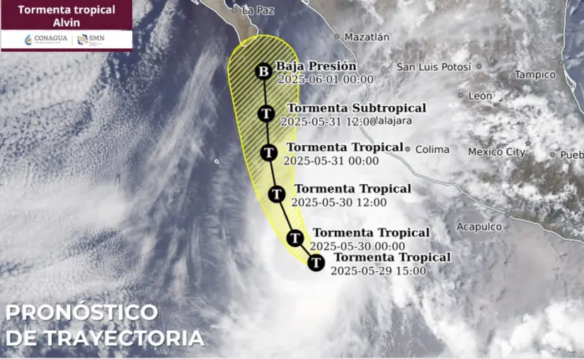 Activan Plan Marina en Los Cabos por la tormenta tropical lvin La tormenta Alvin avanza hacia el noroeste, paralelo a las costas del Pacífico. Imagen: Conagua