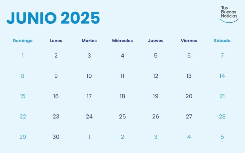 Calendario del mes de junio 2025 Calendario del mes de junio 2025 Foto: Tus Buenas Noticias