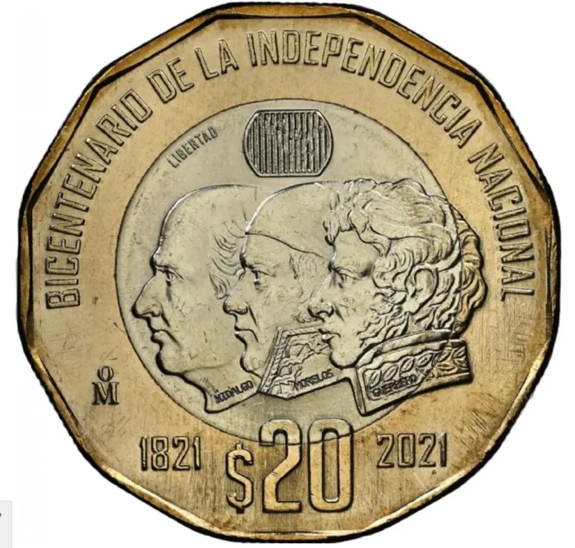 Parte frontal de la moneda de $20 del Bicentenario de la Independencia Nacional. Foto: cortesía Parte frontal de la moneda de $20 del Bicentenario de la Independencia Nacional. Foto: cortesía.
