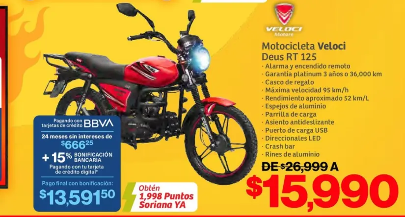 Motocicleta Veloci Deus RT 125 con oferta del Hot Sale 2025 en Soriana Aprovecha el descuento de esta moto Veloci en el Hot Sale. Imagen: Soriana