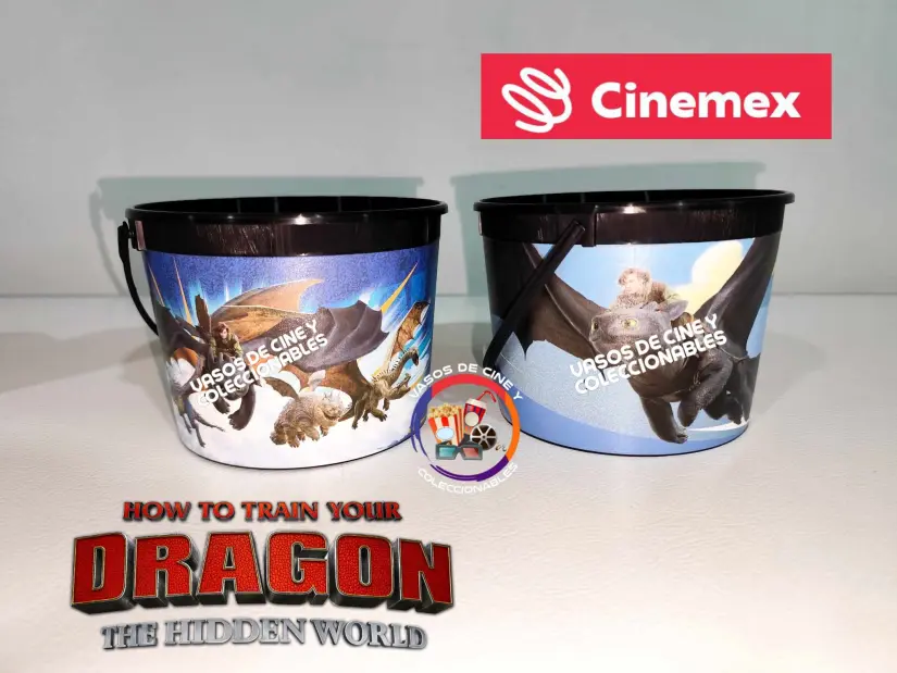 Cubetas palomeras de Cómo Entrenar a tu Dragón en Cinemex. Foto: Vasos De Cine Y C