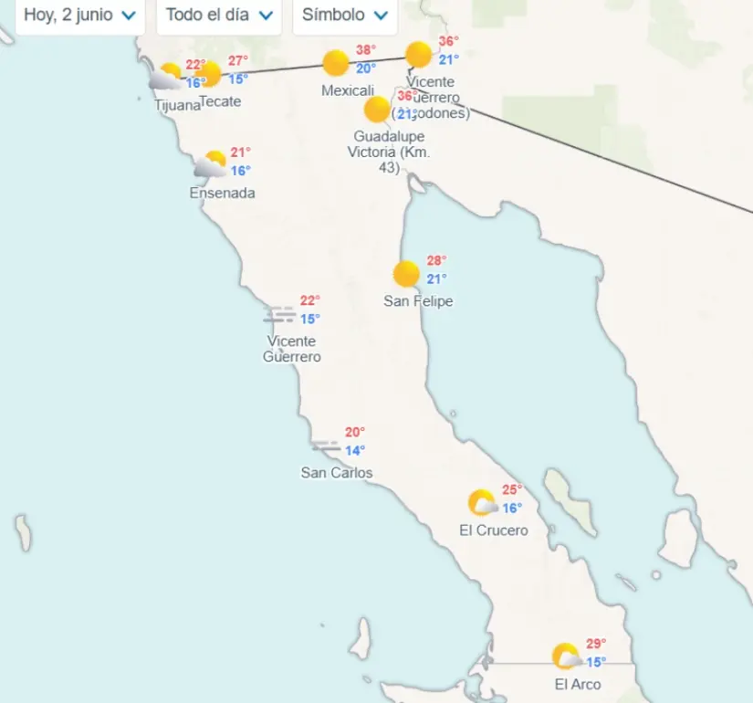Temperaturas estimadas para Baja California hoy. Imagen: Meteored
