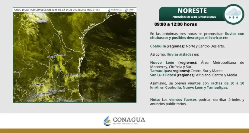 Durante la mañana se pronostican lluvias con chubascos y posibles descargas eléctricas en las regiones Norte y Centro-Desierto de Coahuila