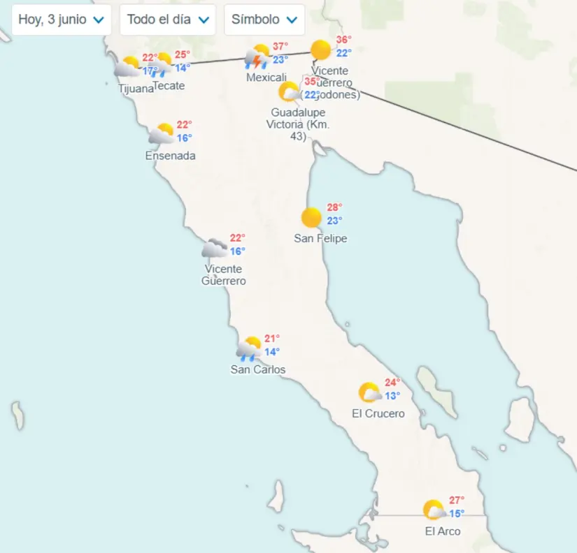 Clima en Baja California: lluvias y rachas de viento hoy 3 de junio Temperaturas mínimas y máximas en los municipios de Baja California este martes. Imagen: Meteored