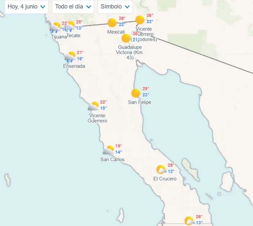 Clima en Baja California hoy miércoles 4 de junio de 2025 Temperaturas mínimas y máximas en los municipios de Baja California hoy. Imagen: Meteored