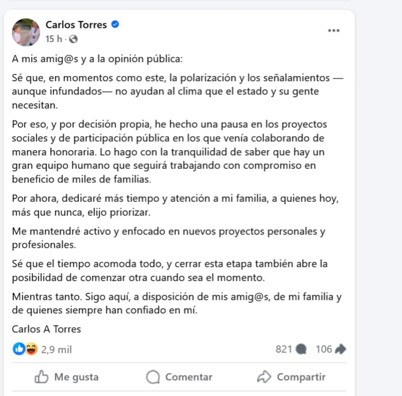 Mensaje de Carlos Torres tras su renuncia al Gobierno Mensaje de Carlos Torres tras su renuncia al Gobierno. Foto: Captura de pantalla