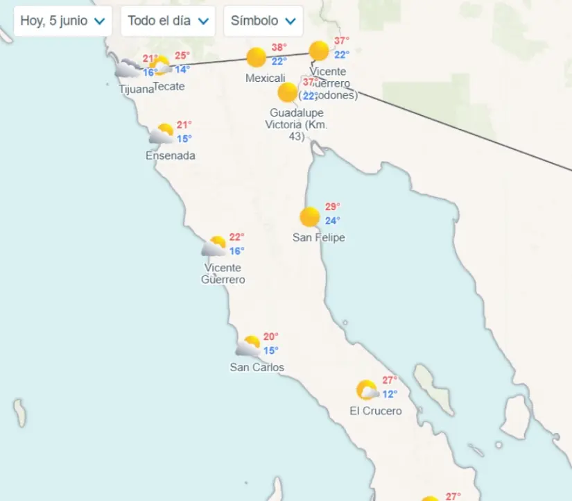 Temperaturas mínimas y máximas en Baja California hoy. Imagen Meteored