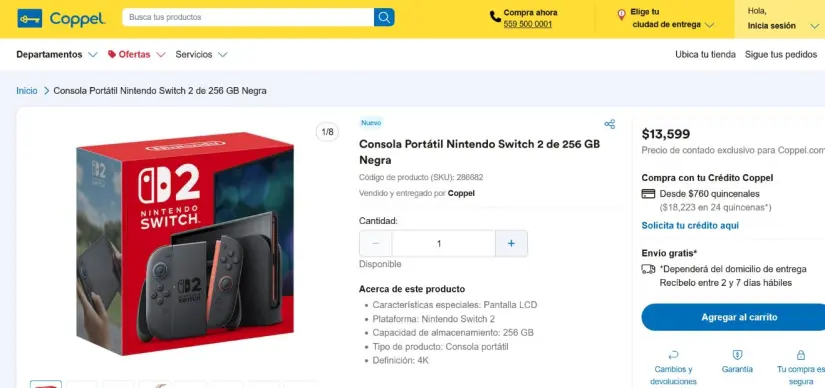 Precio del Nintendo Switch 2 en Coppel México. Foto: Captura de pàntalla
