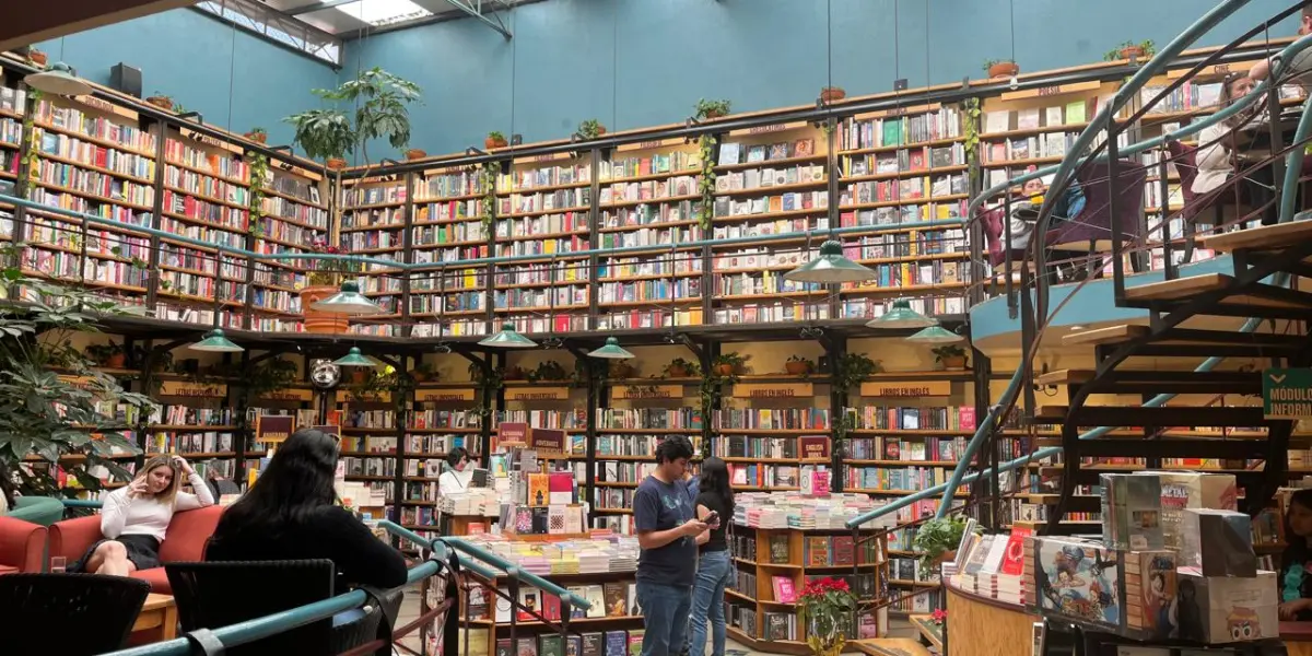El Péndulo Polanco es un espacio único que integra librería, cafetería, galería de arte y música en vivo en un ambiente cálido decorado con plantas colgantes y estanterías que invitan a perderse entre páginas.